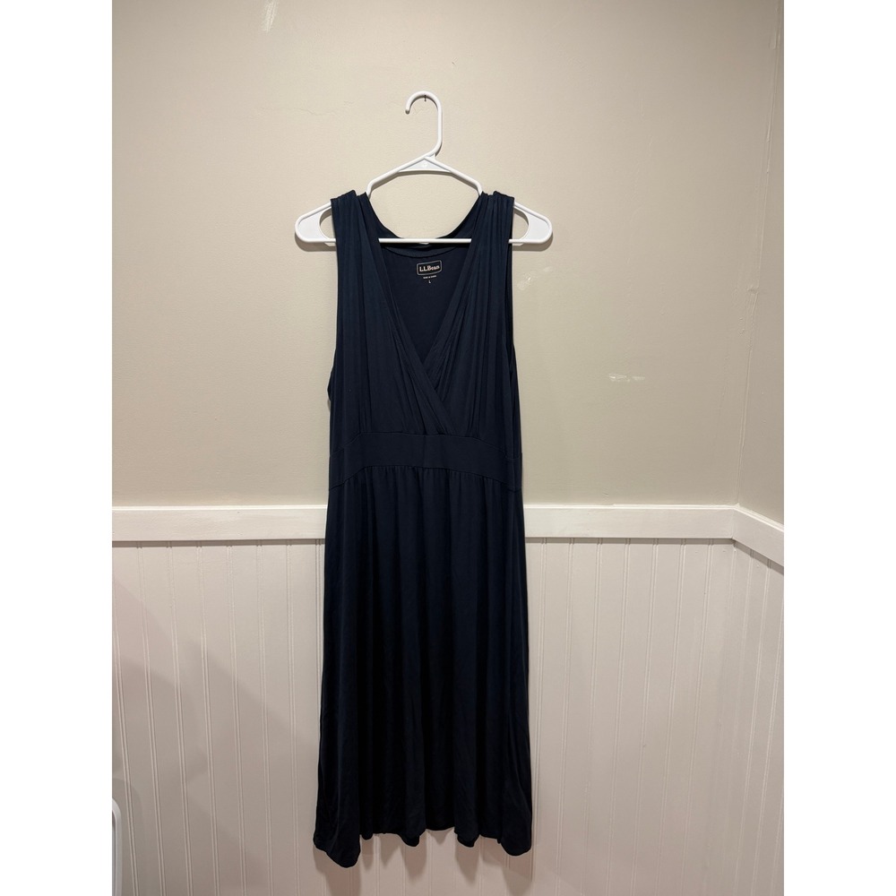 L.L. Bean Sleeveless Midi Dress Faux Wrap V-Neck Navy Classic Women Size Large